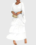 Women's Tiered Maxi Dress with Round Neck and Long Sleeves - White