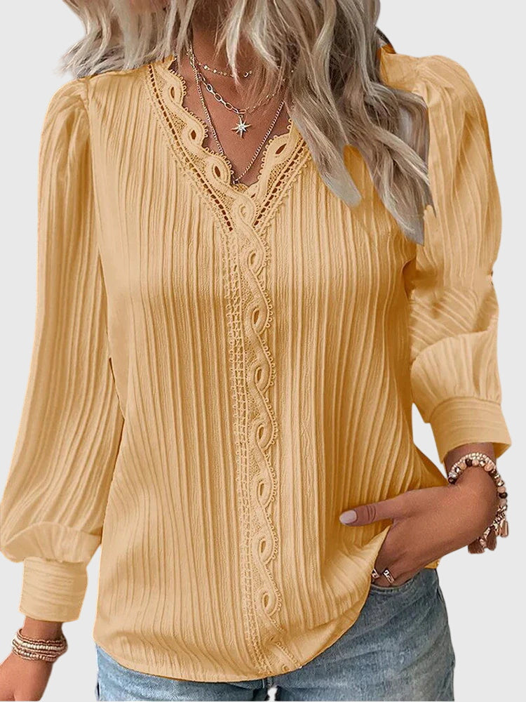 Women's Blouse Long Sleeve with Lace Trim V-Neck - Yellow