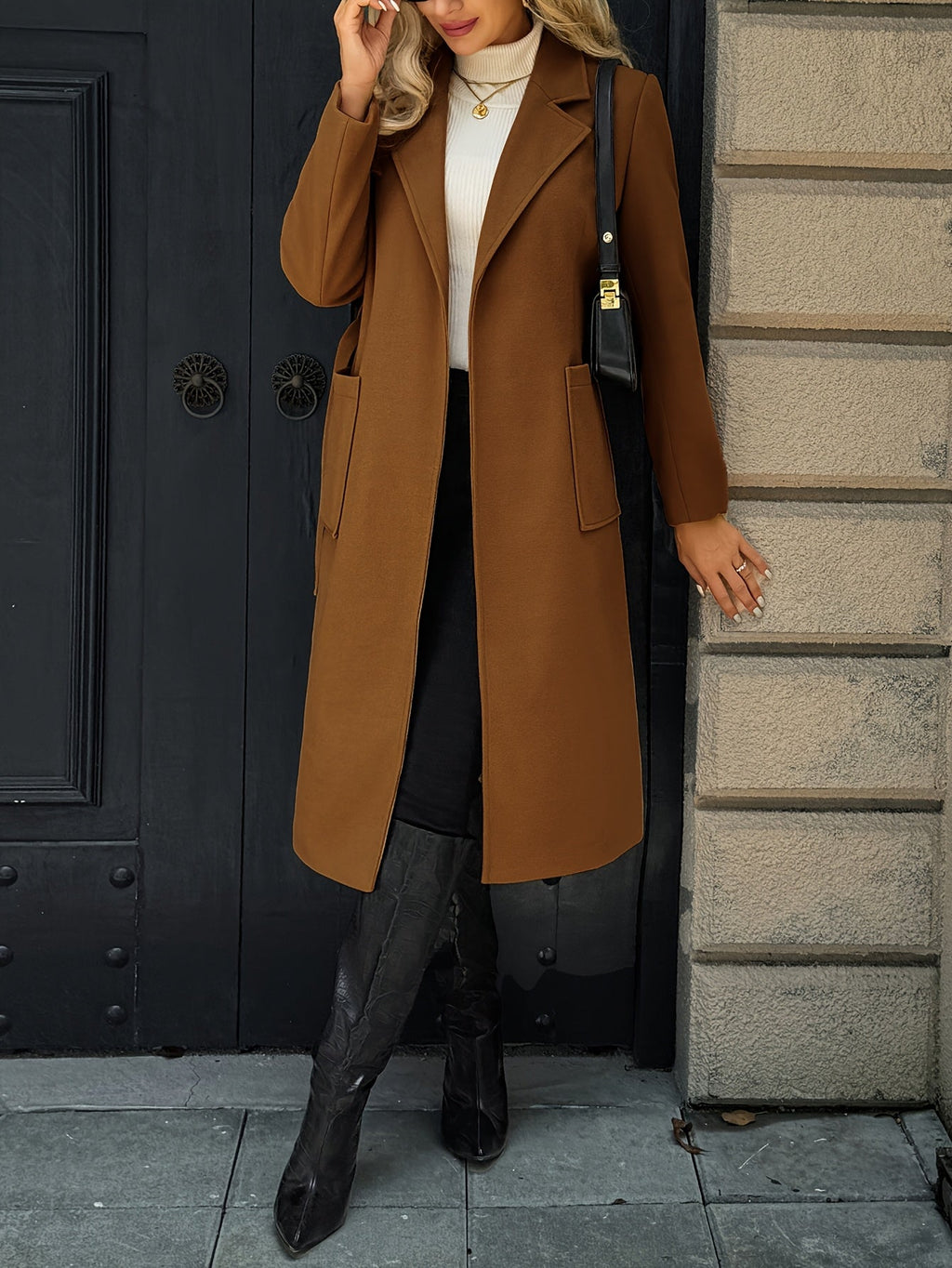 Women's Belted Long Coat Notch Lapel Front Pockets - 13