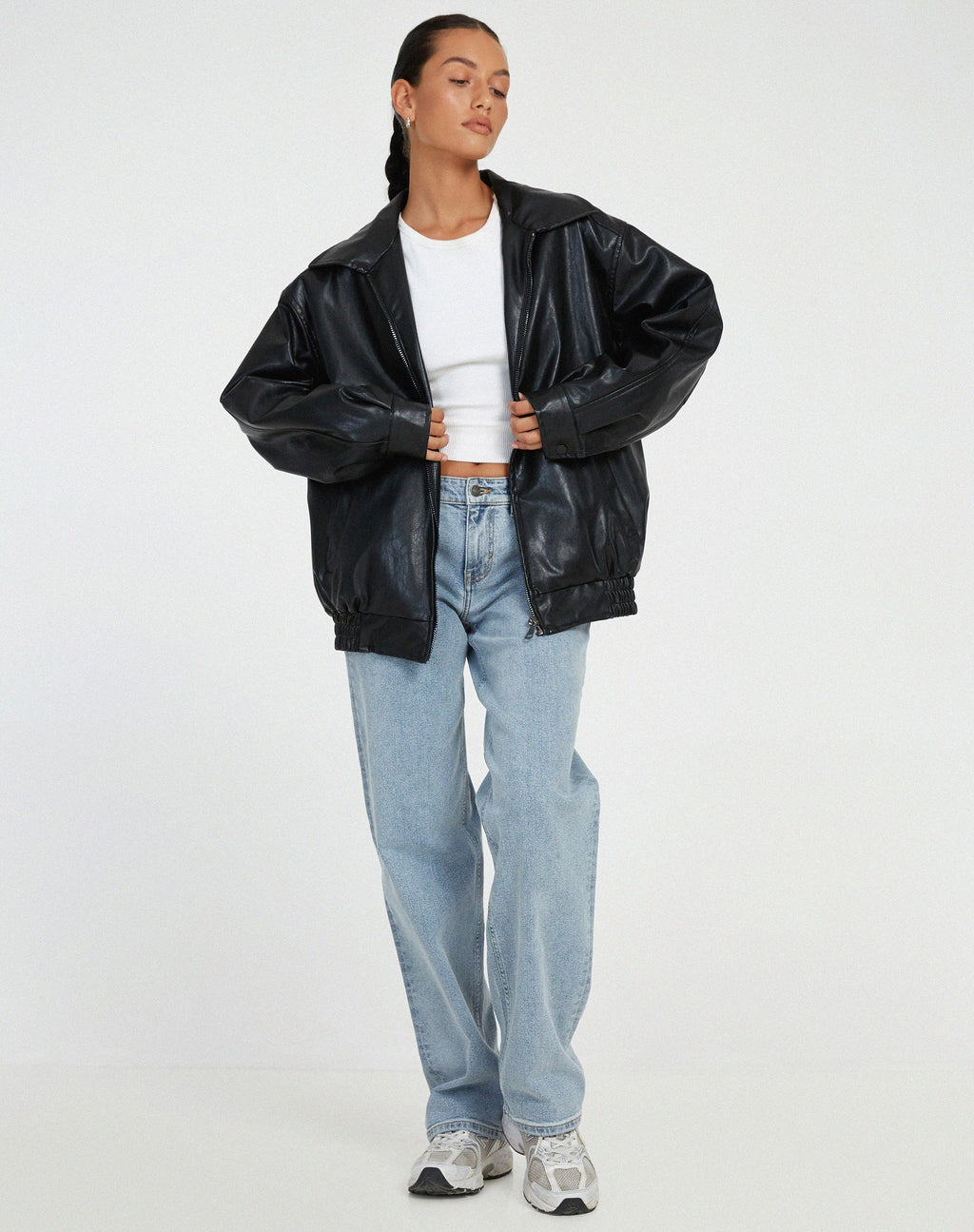 Women's Oversized Bomber Jacket in Faux Leather with Zip Front - Black