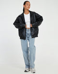 Women's Oversized Bomber Jacket in Faux Leather with Zip Front - Black
