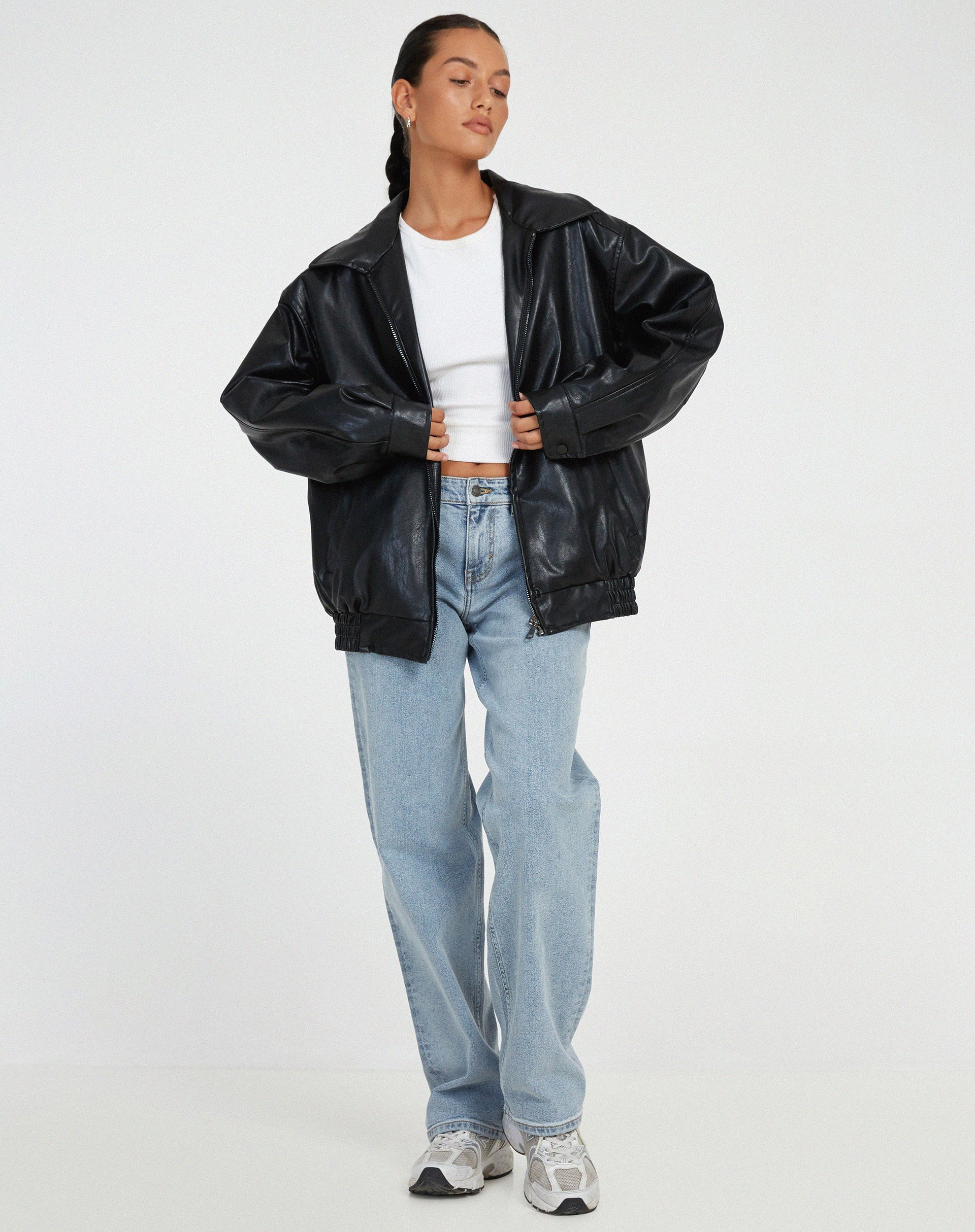 Women's Oversized Bomber Jacket in Faux Leather with Zip Front - Black