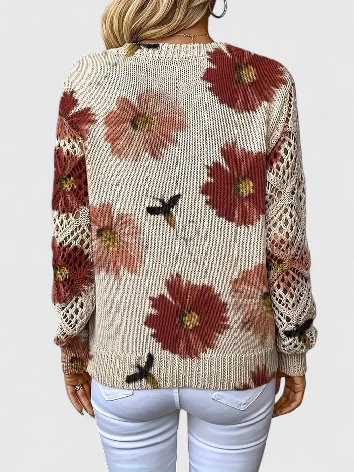 Women's Cardigan Floral Print with Lattice Sleeves and V-Neck - 9
