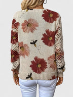 Women's Cardigan Floral Print with Lattice Sleeves and V-Neck - 9