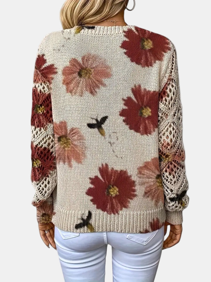 Women's Jumper V-Neck Floral Print with Crochet Sleeves - 9