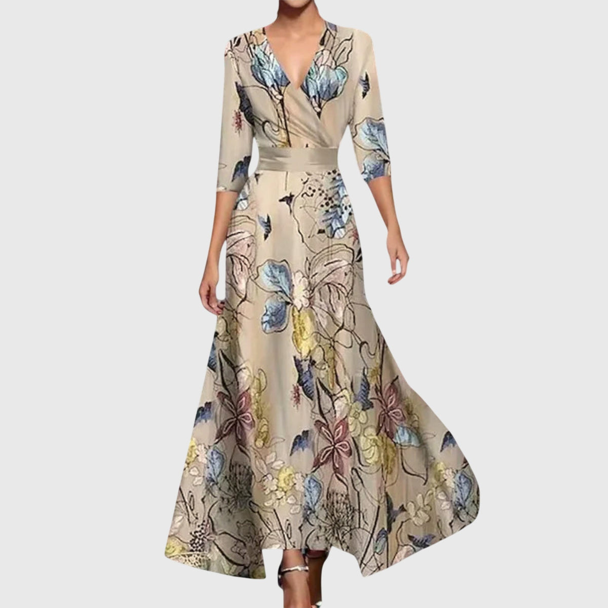 Women's Wrap Dress with V-Neck and Three-Quarter Sleeves - Champagne