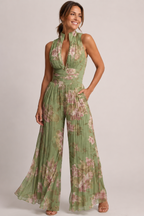 Women's Pleated Jumpsuit Sleeveless with Plunge Neckline and Wide Leg - Floral