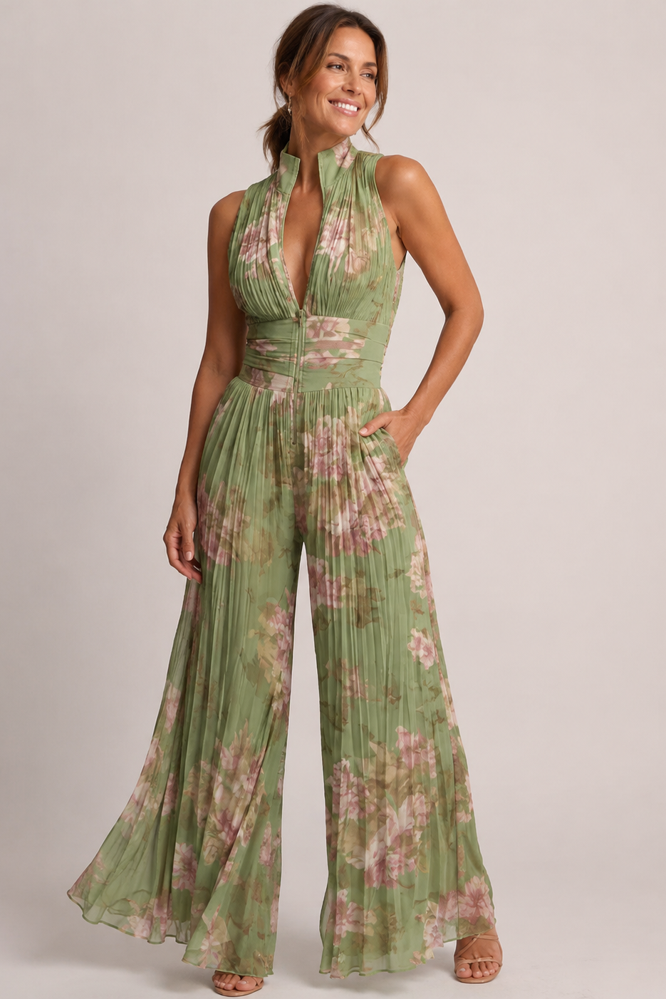 Women's Pleated Jumpsuit Sleeveless with Plunge Neckline and Wide Leg - Floral