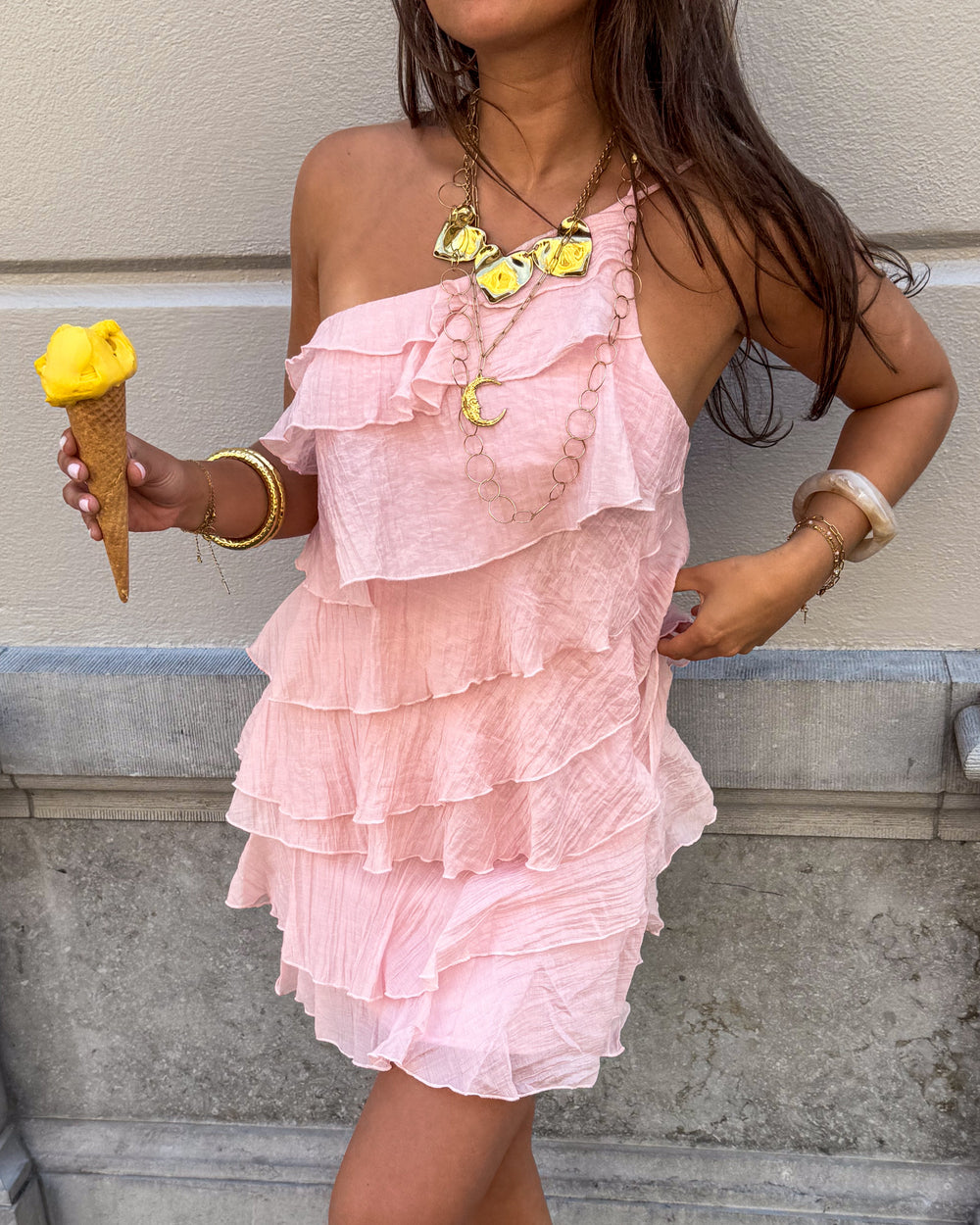 Women's Mini Dress with Ruffle Tiers and Flared Silhouette - Pink
