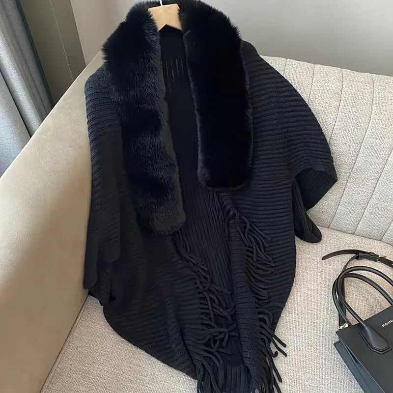 Women's Knitted Scarf with Faux Fur Trim and Fringed Edge - 8