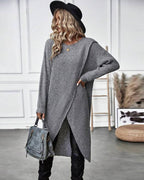 Women's Ribbed Jumper Dress with Side Slit Long Sleeve - 6