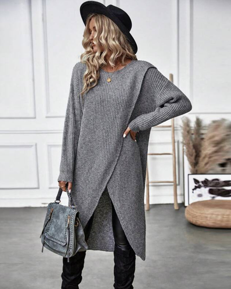 Women's Ribbed Jumper Dress with Side Slit Long Sleeve - 6
