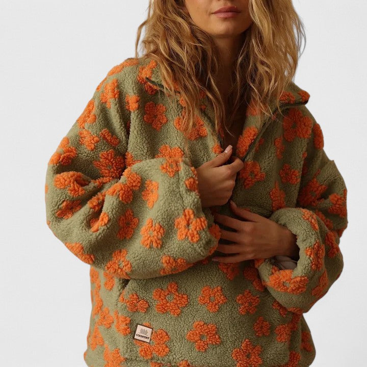 Women's Jumper Long Sleeve with Half-Zip and Floral Print - 8