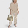 Women's Two-Piece Set Cape-Sleeve Top with Printed Wide-Leg Trousers - 10