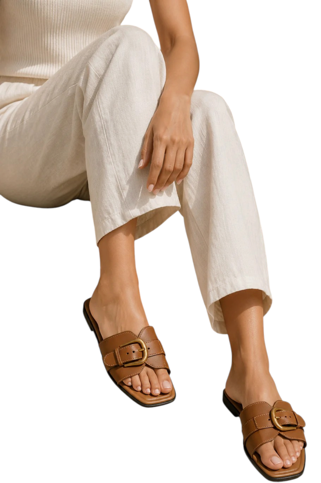 Women's Buckled Square-Toe Slides with Cushioned Footbed