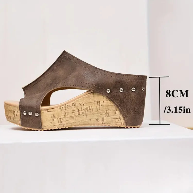Women's Wedge Slide Sandals with Open Toe and Stud Detailing - 7