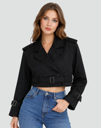 Women's Cropped Trench Coat with Belted Waist and Double-Breasted Front - 8