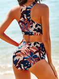 High Neck Bikini Set with High Waist Bottoms - Multicolor