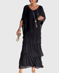 Women's Tiered Maxi Dress with Round Neck and Long Sleeves - Black