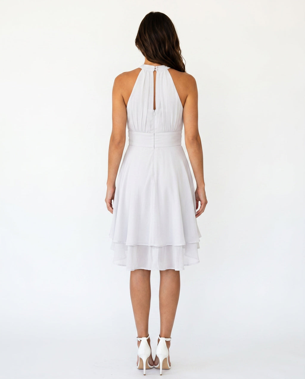 Women's Halter Dress Sleeveless with Ruffle Hem and Flared Skirt - 14