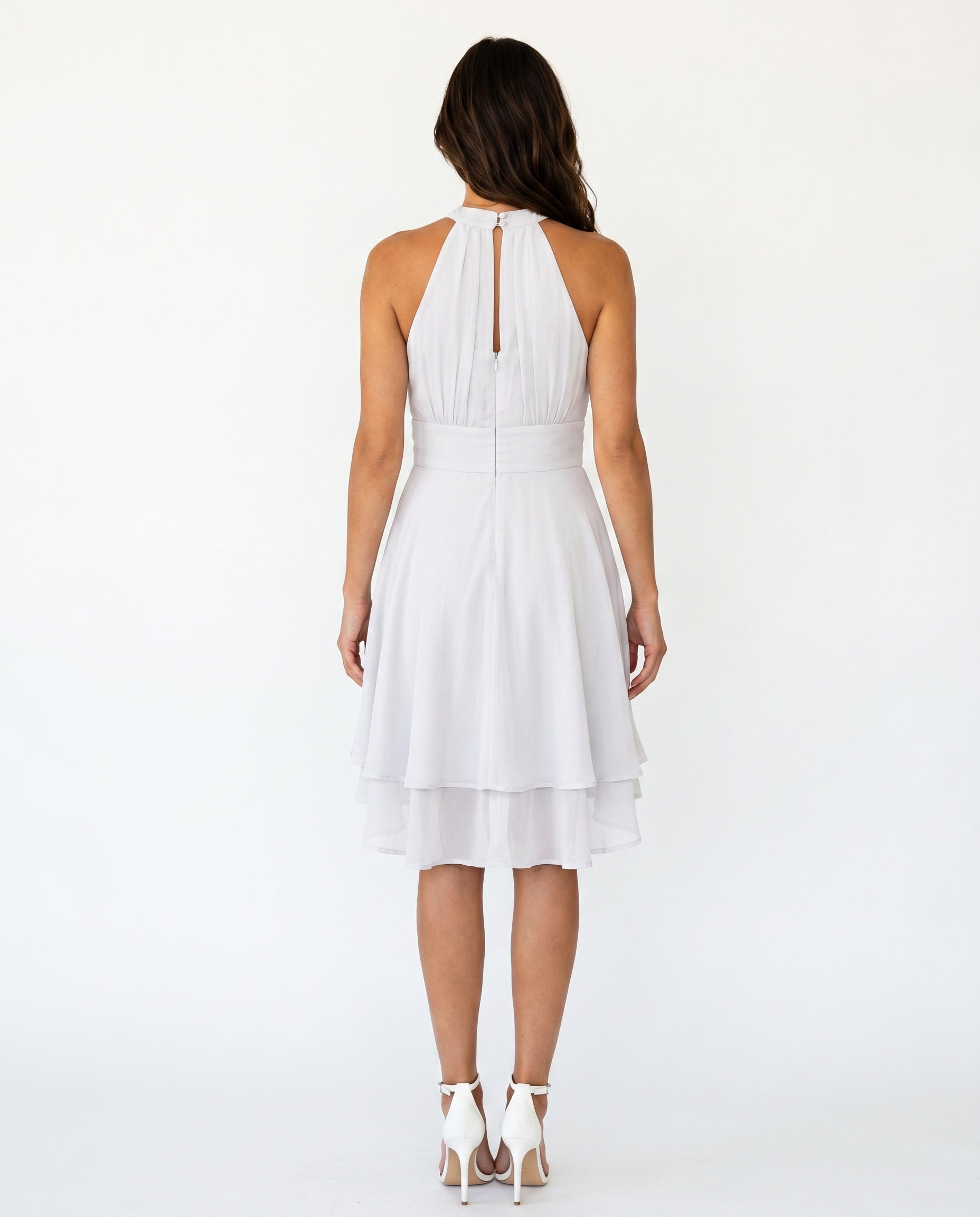 Women's Halter Dress Sleeveless with Ruffle Hem and Flared Skirt - 14