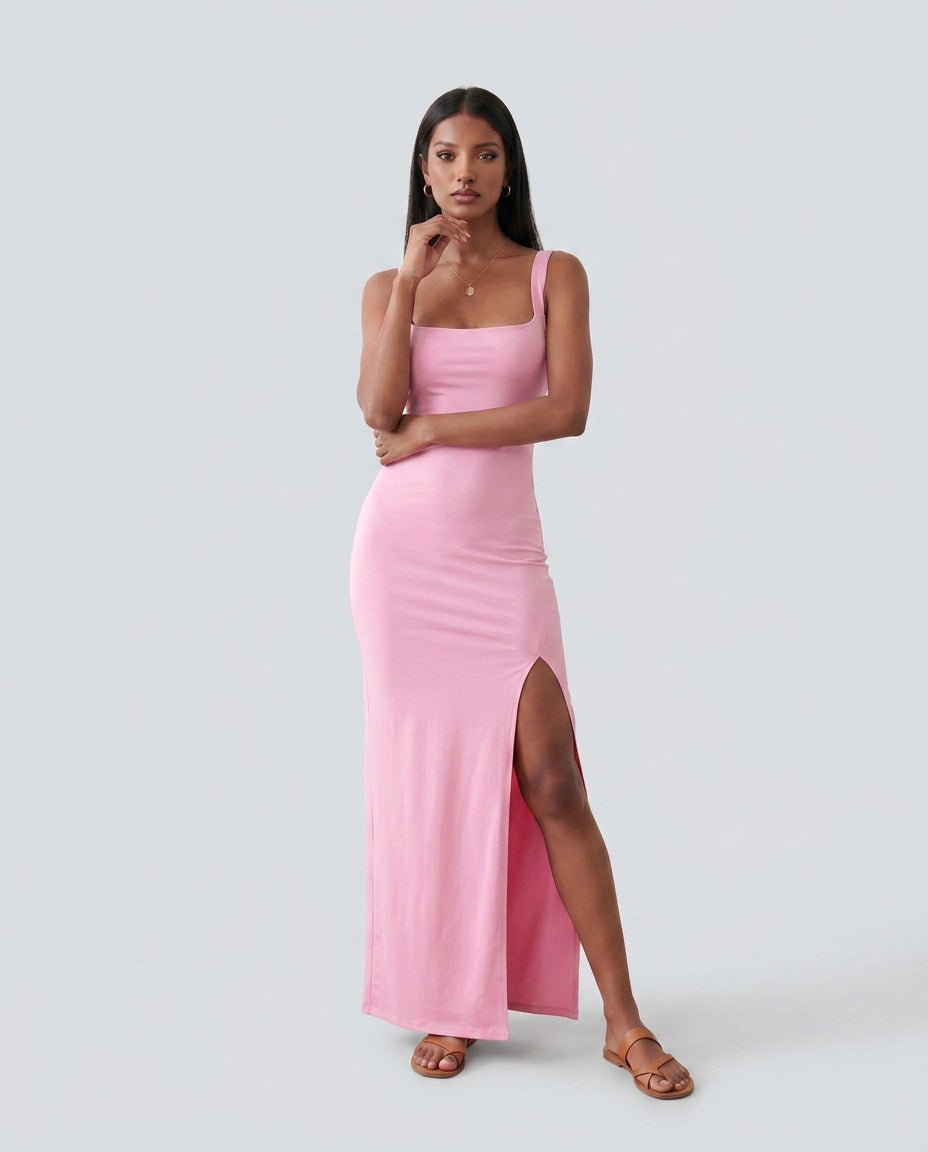 Women's Maxi Dress Sleeveless with Open Back and Square Neckline - 14