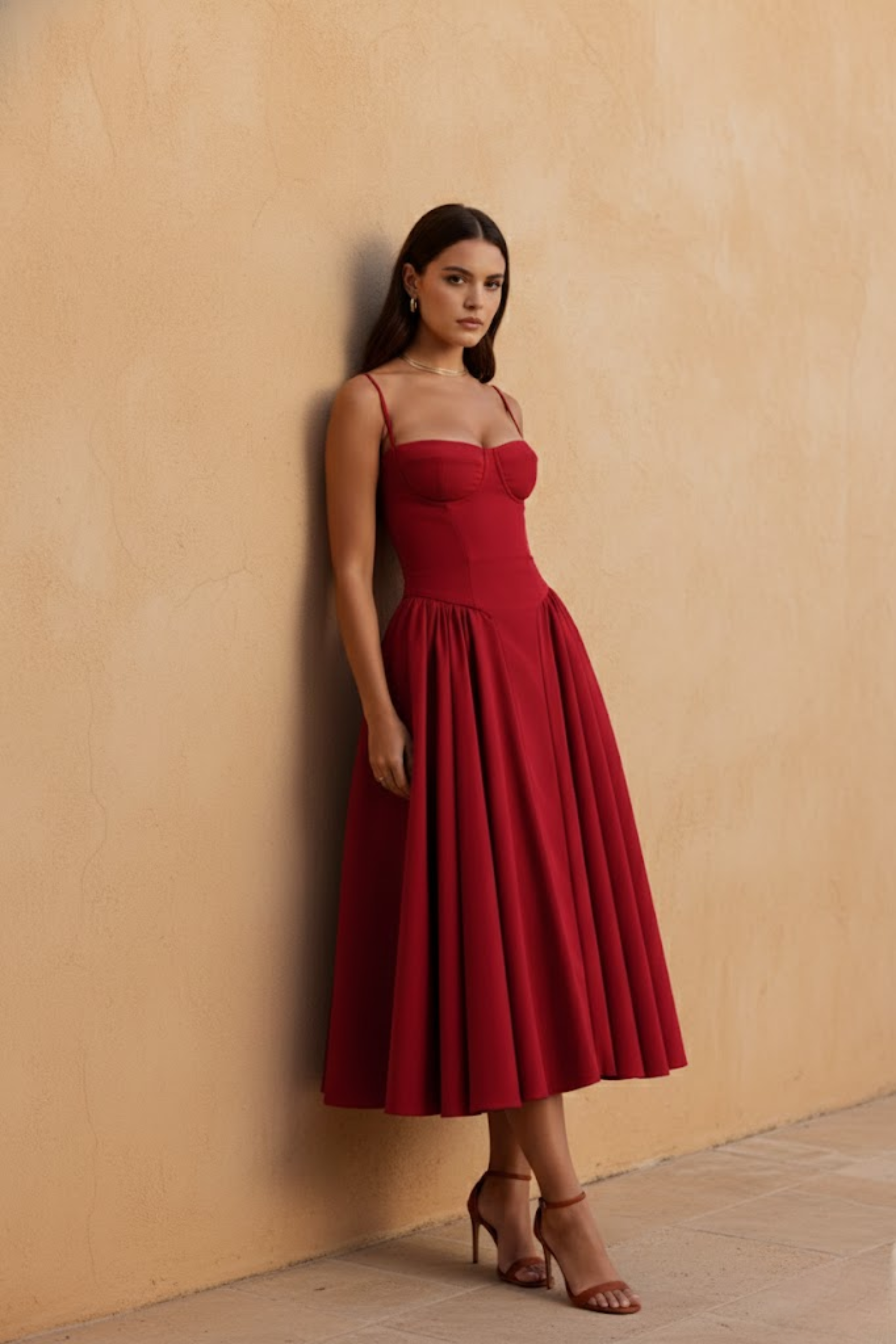 Women's Midi Dress Sleeveless with Sweetheart Neckline and A-Line Skirt - 15