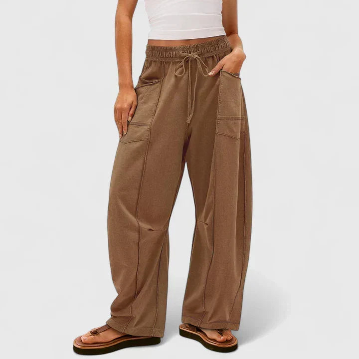 Women's Trousers with Elasticated Drawstring Waist and Baggy Leg - Light Brown