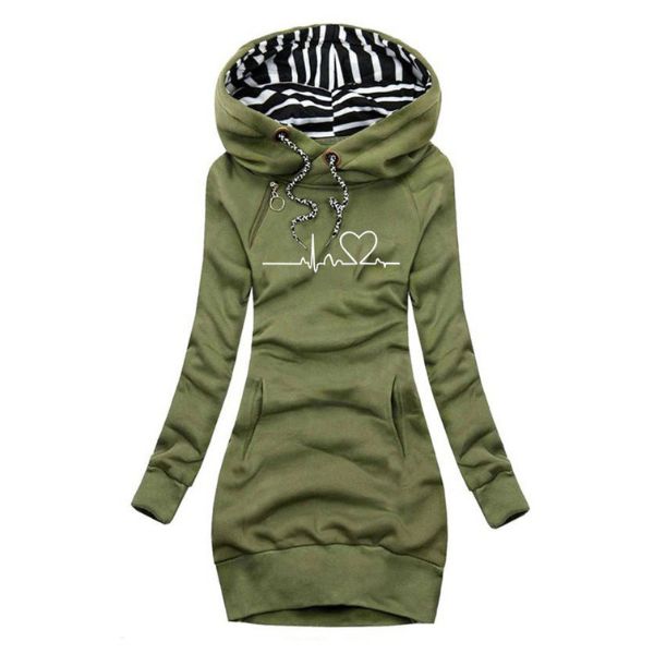 Women's Hoodie with Heartbeat Print and Striped Hood Lining - Green