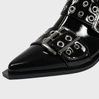 Women's Chunky Mid-Heel Zipper Biker Boots with Buckle Detail - 10