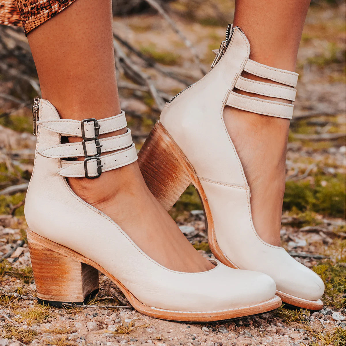 Women Block-Heel Shoes with Double Ankle Buckle Straps - White
