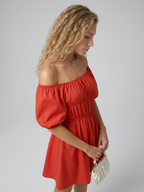 Women's Off-Shoulder Mini Dress with Puff Sleeves and A-Line Silhouette - 7