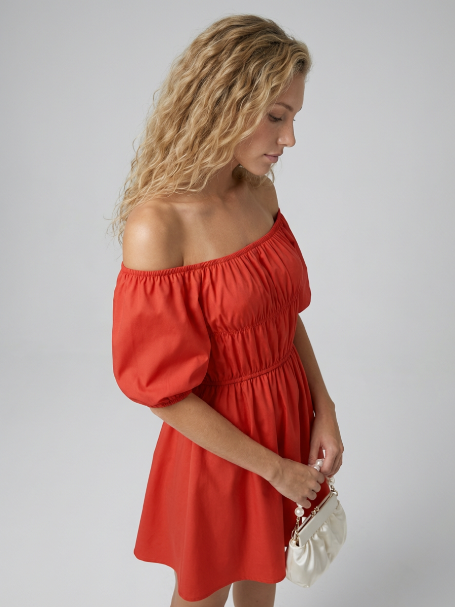 Women's Off-Shoulder Mini Dress with Puff Sleeves and A-Line Silhouette - 7