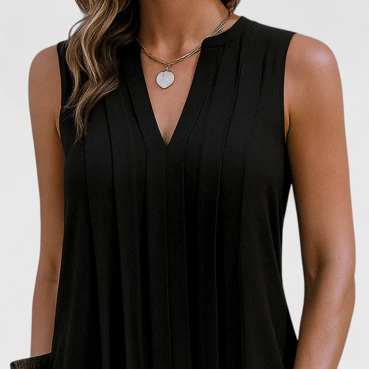 Women's Sleeveless Dress with V-Neck and Pleated Detail - 4