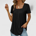 Women's Blouse Short Sleeve with Square Neckline and Pleated Front - Black