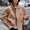 Women's Long Sleeve Stand Collar Coat with Double-Breasted Buttons - Camel