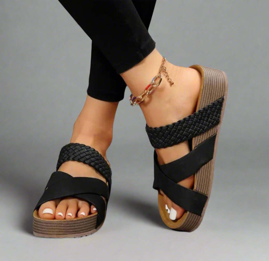 Women's Wedge Sandals with Woven Crossover Straps - Black