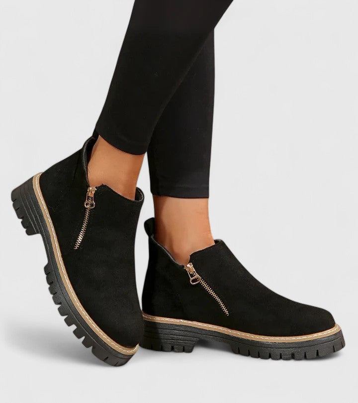 Women's Ankle Boots with Zip Detail and Chunky Sole - Black
