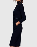 Women's Pencil Midi Dress with Wrap Neckline and Three-Quarter Sleeves - 5