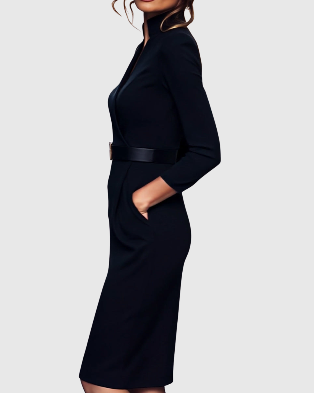Women's Pencil Midi Dress with Wrap Neckline and Three-Quarter Sleeves - 5