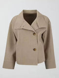 Women's Short Peacoat with High Collar and Minimalist Design - Beige