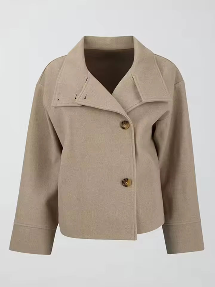 Women's Short Peacoat with High Collar and Minimalist Design - Beige