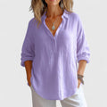 Women's Blouse Long Sleeve with Collar and V-Neck Button Placket - Purple