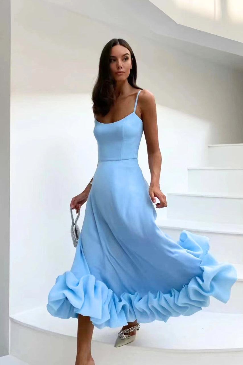 Women's Sleeveless Occasion Dress with Ruffle Hem and A-Line Silhouette - Blue