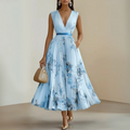 Women's Sleeveless Maxi Dress with V-Neck and Flowing A-Line Skirt - Blue