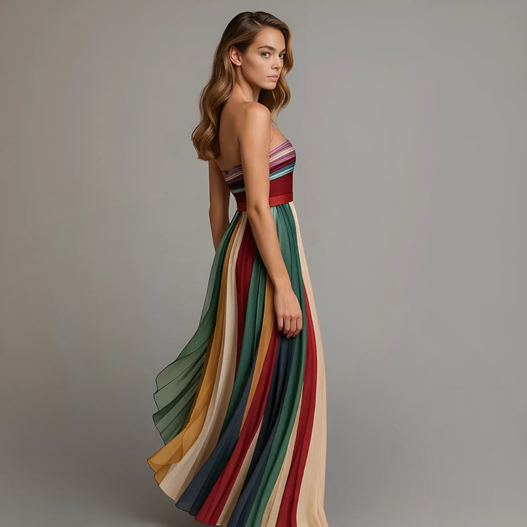 Women's Strapless Maxi Dress with Pleated Striped Design - 4