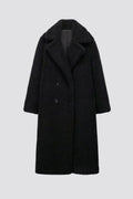 Women's Longline Teddy Coat with Wide Lapel and Double-Button Front - Black