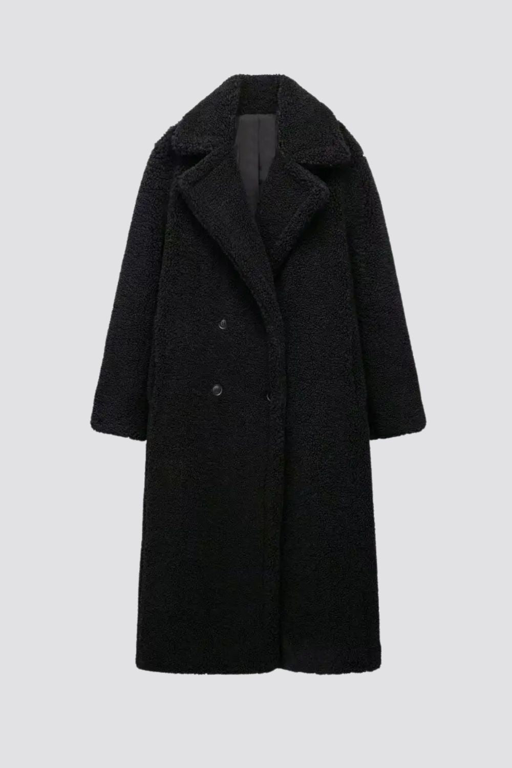Women's Longline Teddy Coat with Wide Lapel and Double-Button Front - Black