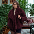 Corrine - Classy Long Sleeve Collared Fuzzy Coat - Burgundy