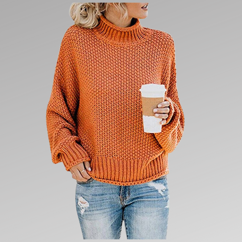 Women's Jumper High Neck with Chunky Knit and Long Sleeves - Orange